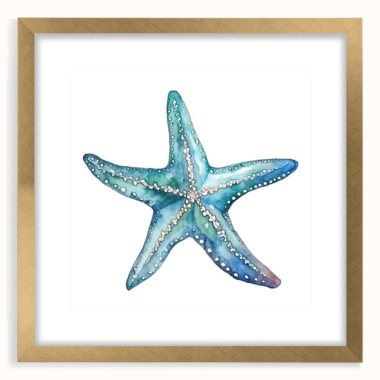 Gold-framed wall art featuring a vibrant marine life starfish design, ideal for coastal decor, showcasing intricate details and a stylish mat.