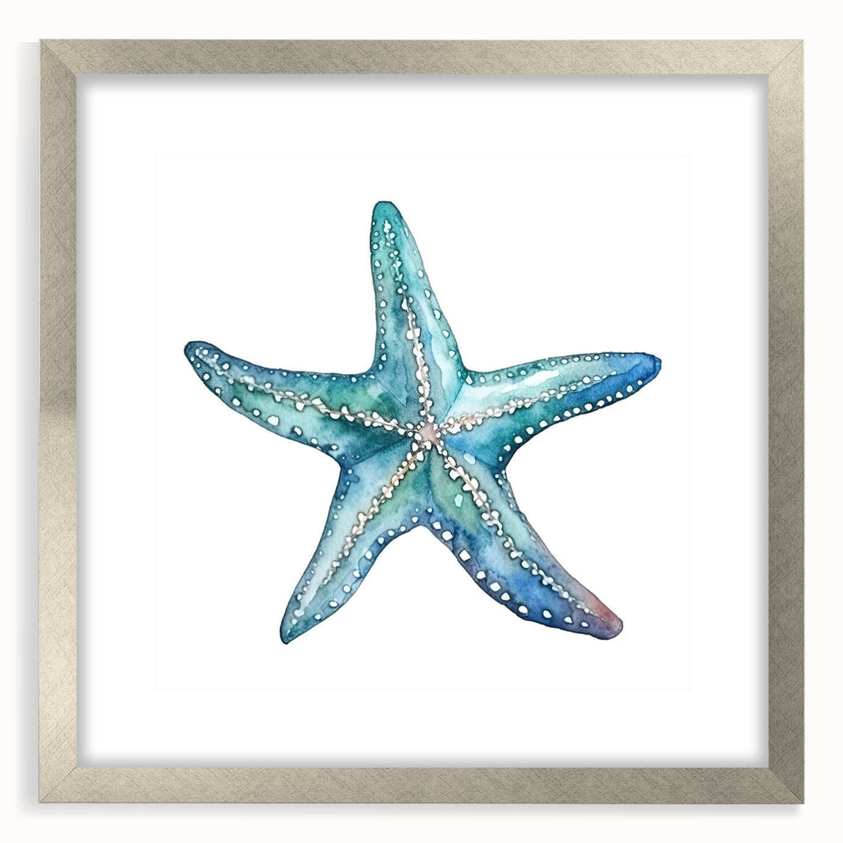 Framed wall art collection featuring a marine life starfish design, showcasing vibrant colors and intricate details, set in a sleek silver frame with matting. Ideal for ocean-themed decor.