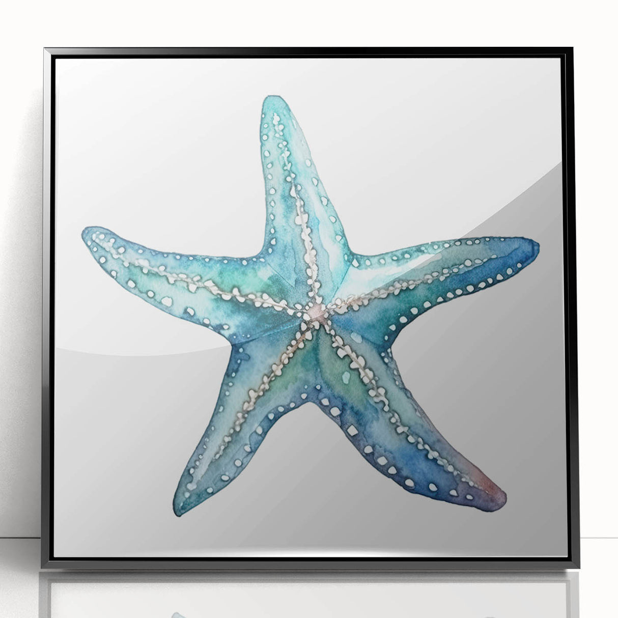 Framed wall art showcasing a marine life design featuring a starfish, presented in a sleek black frame with an acrylic front, perfect for coastal home decor.