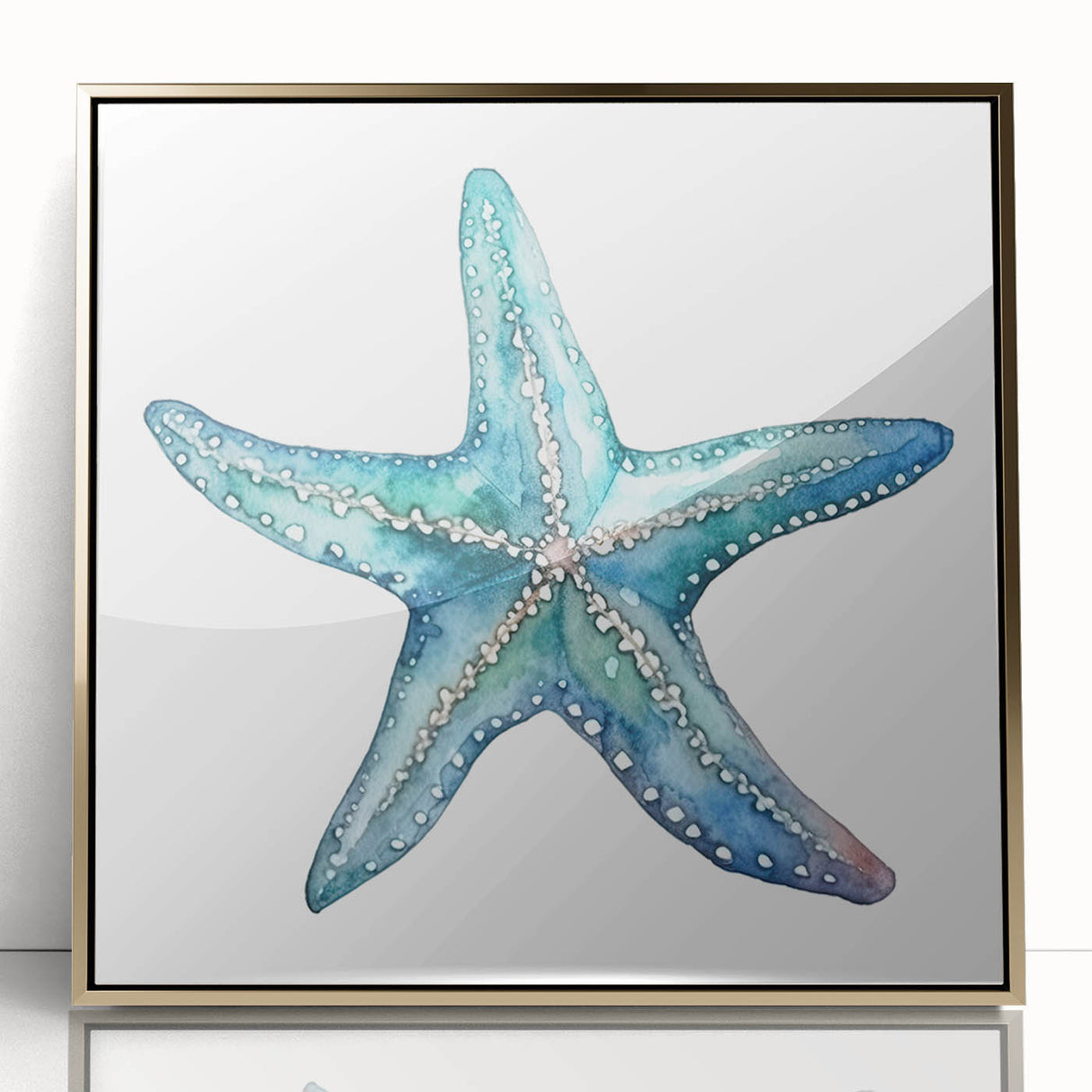 Framed wall art featuring a vibrant starfish design against a gold background, showcasing marine life elegance. Perfect for coastal-themed decor and ocean lovers.