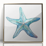 Framed wall art featuring a vibrant starfish design against a gold background, showcasing marine life elegance. Perfect for coastal-themed decor and ocean lovers.