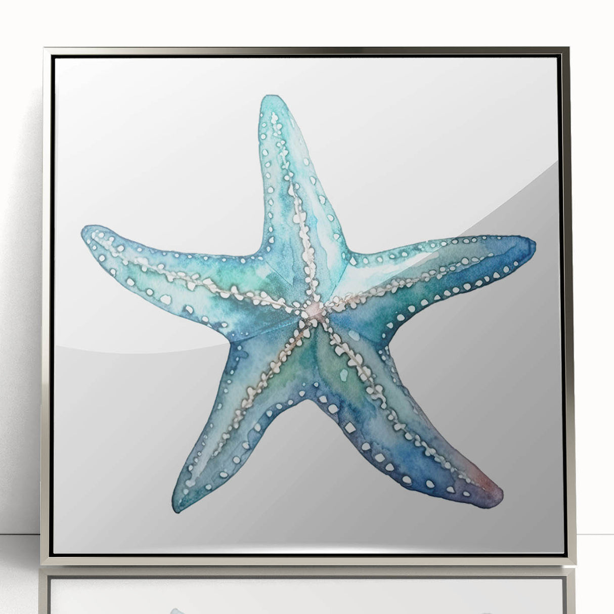 Framed wall art featuring a stunning marine life starfish design, with a silver acrylic frame that enhances its vibrant colors, perfect for ocean-themed decor.