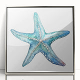 Framed wall art featuring a stunning marine life starfish design, with a silver acrylic frame that enhances its vibrant colors, perfect for ocean-themed decor.