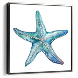 Framed canvas wall art featuring a vibrant marine life starfish design, set against a black background, showcasing intricate details and textures perfect for coastal decor.
