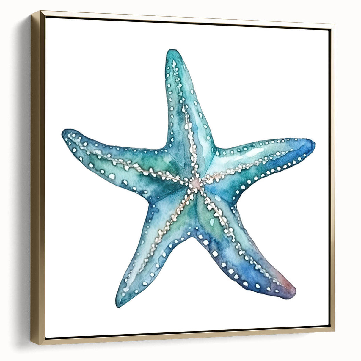 Framed canvas wall art showcasing a vibrant starfish design on a gold background, perfect for marine-themed decor. Ideal for coastal living spaces or ocean enthusiasts.