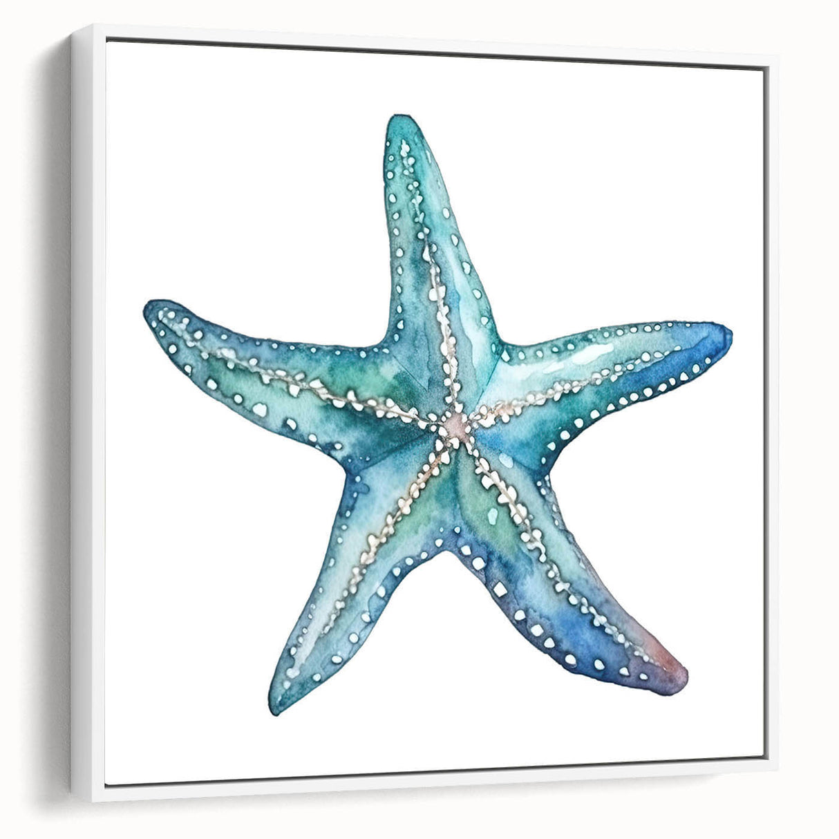 Framed canvas wall art featuring a colorful starfish design set against a white background, ideal for marine life decor, adding a vibrant touch to coastal interiors.