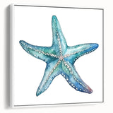 Framed canvas wall art featuring a colorful starfish design set against a white background, ideal for marine life decor, adding a vibrant touch to coastal interiors.