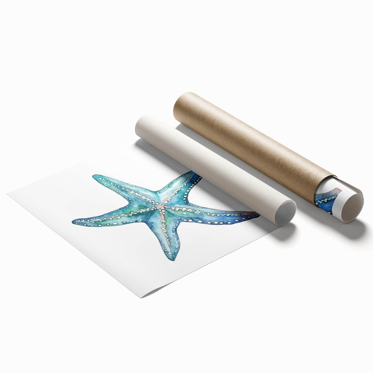 Brightly colored rolled print showcasing a starfish design with intricate marine life details, perfect for ocean-themed decor. Ideal for enhancing coastal aesthetics.