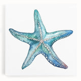 Vibrant starfish wall art design on stretched canvas, showcasing detailed marine life in bright colors, perfect for beach-themed decor. Ideal for ocean lovers.