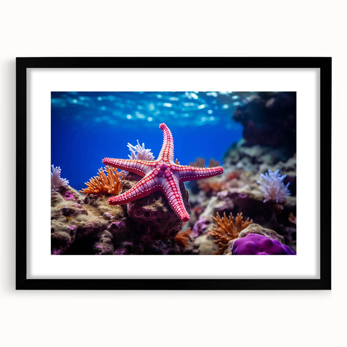 Black-framed wall art featuring a vibrant starfish design, part of a marine life collection, showcasing intricate details and colors perfect for ocean-themed decor.