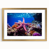 Gold-framed wall art showcasing a stunning starfish design from the Marine Life collection, featuring intricate details and a stylish mat, perfect for coastal decor.