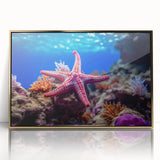 Framed wall art featuring a marine life design of a starfish with gold accents, perfect for ocean-themed decor. Ideal for beach house interiors and nature lovers.