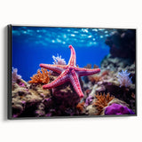 Framed canvas wall art showcasing a vibrant marine life starfish design, featuring a sleek black frame and a side view perspective that highlights its artistic details. Ideal for ocean-themed decor and coastal home aesthetics.