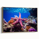Framed canvas wall art featuring a vibrant marine life design with a starfish, set against a gold background, ideal for ocean-themed decor in living spaces.