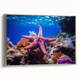 Framed wall art collection showcasing a marine life design with a starfish motif, featuring a sleek silver frame that enhances its coastal aesthetic.