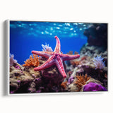 Framed canvas wall art showcasing a detailed marine life starfish design in vibrant colors, set against a white background, enhancing coastal decor themes.