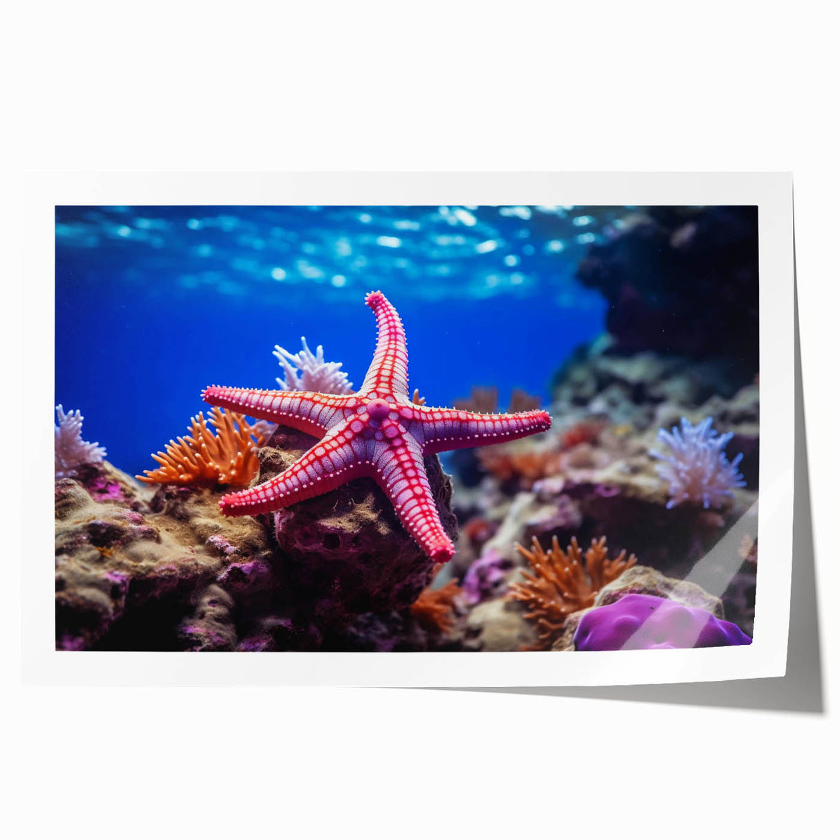 Colorful marine life wall art featuring a starfish design on a rolled print, ideal for beach-themed decor, showcasing vibrant colors and intricate details. Perfect for adding a coastal touch to any space.