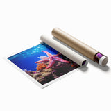 Colorful marine life starfish wall art print showcasing intricate designs and vibrant colors, perfect for coastal-themed decor or ocean-inspired interiors.