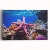 Vibrant marine life wall art showcasing a detailed starfish design on stretched canvas, ideal for coastal-themed decor, adding a colorful touch to any room.