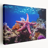 Starfish-themed stretched canvas wall art showcasing vibrant marine life colors, perfect for coastal decor, displayed from a side view with a sleek finish.