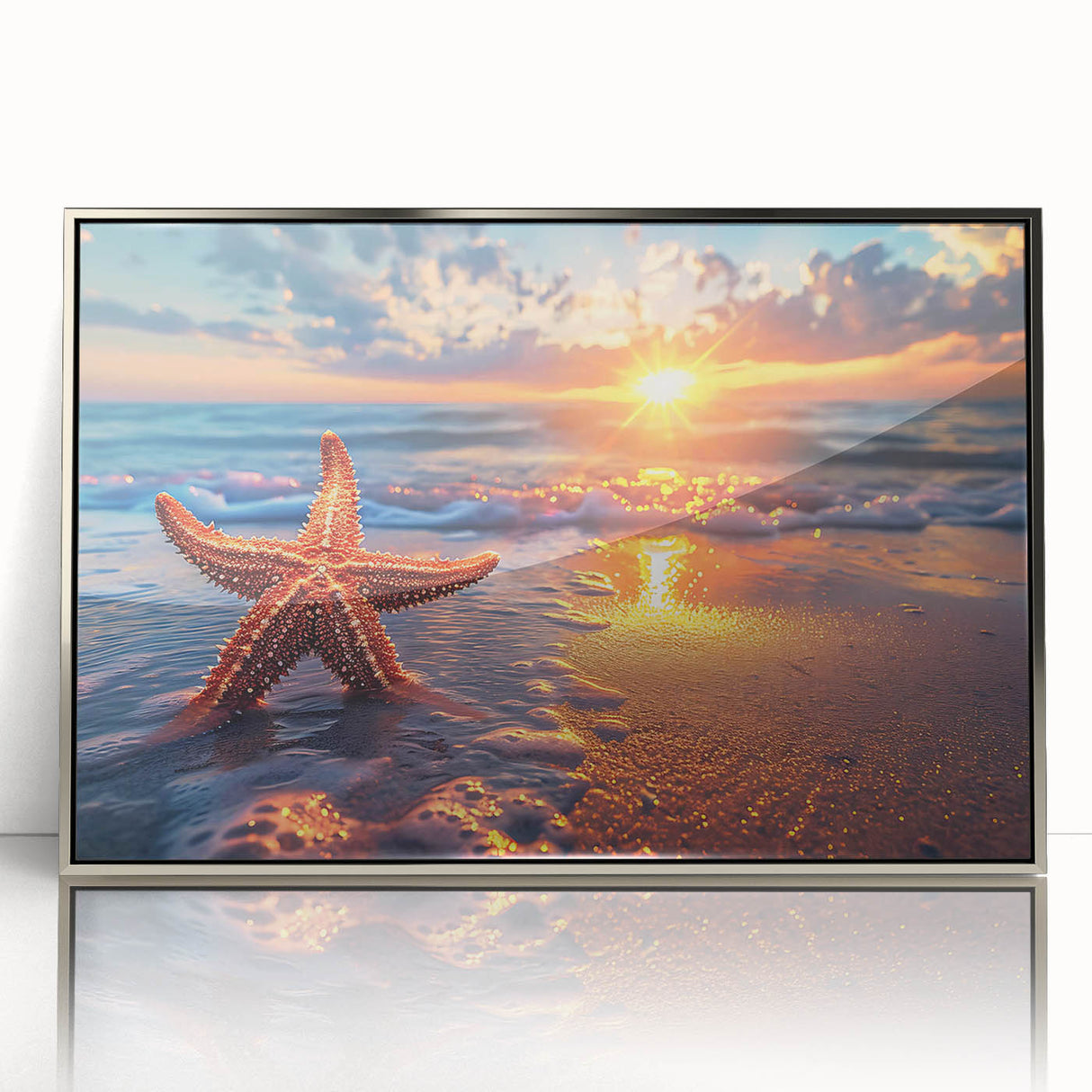 Framed acrylic wall art showcasing a vibrant marine life design featuring a starfish, elegantly set against a silver backdrop, perfect for coastal-themed decor.