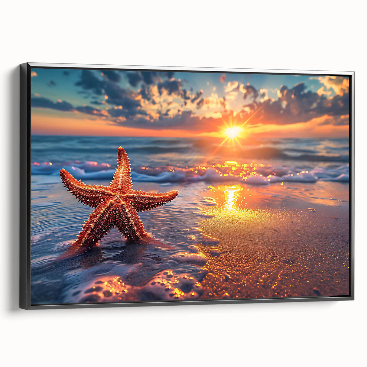 Framed canvas wall art featuring a vibrant starfish design, showcasing intricate marine life details with a black frame, perfect for coastal home decor.