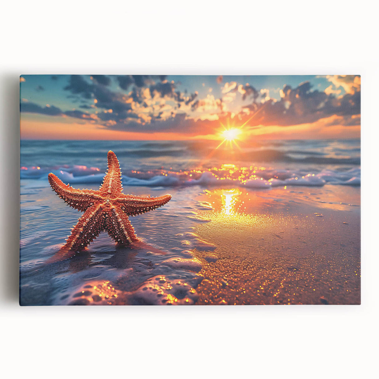 Colorful starfish wall art design on stretched canvas, showcasing vibrant marine life in a coastal setting. Perfect for beach-themed home decor.