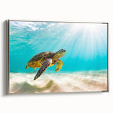 Framed wall art depicting a serene marine turtle design on a textured canvas, featuring a silver frame. Ideal for ocean-themed decor and nature lovers.