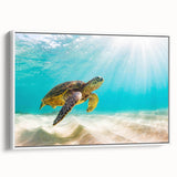 Framed canvas wall art featuring a vibrant marine life design of a turtle, showcasing intricate details in blue and green hues, ideal for ocean-themed decor.