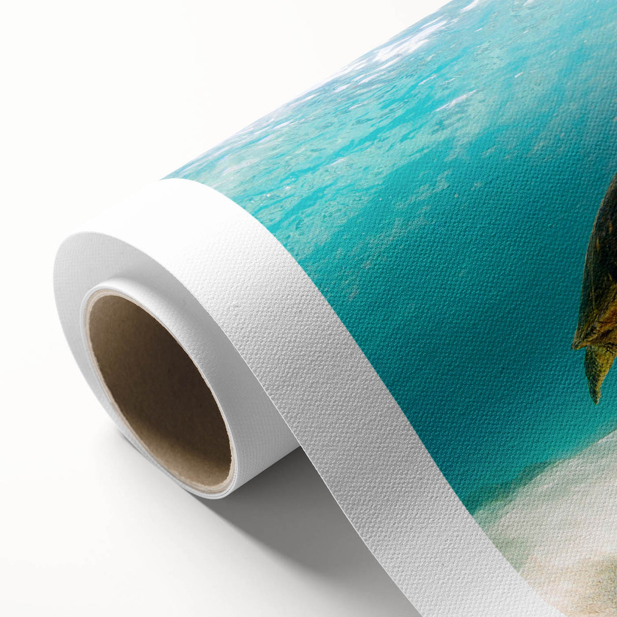 Colorful rolled canvas wall art depicting a vibrant marine life design with a sea turtle, showcasing intricate details and textures, ideal for ocean-themed decor.
