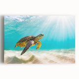 Vibrant turtle-themed wall art on stretched canvas, showcasing intricate marine life details in shades of blue and green, perfect for ocean-inspired decor.