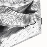 Close-up of a vibrant marine life wall art piece showcasing a detailed turtle design, printed on acrylic glass, perfect for ocean-themed decor.