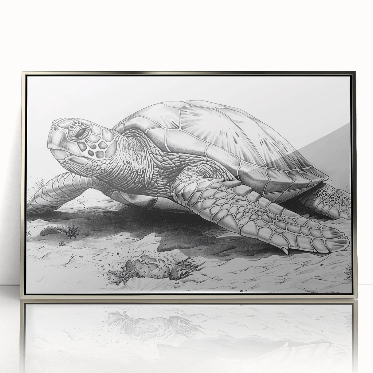 Framed acrylic wall art showcasing a marine life turtle design in vibrant colors, featuring a sleek silver frame, perfect for ocean-themed decor.