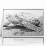 Framed wall art featuring a vibrant marine life turtle design, showcased in a sleek acrylic frame with a white border, perfect for ocean-themed decor.