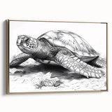 Framed canvas wall art showcasing a vibrant marine life turtle design, featuring intricate details and a gold frame, perfect for ocean-themed decor.