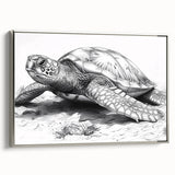 Framed canvas wall art showcasing a detailed silver marine life design featuring a graceful turtle in side view, perfect for ocean-themed decor.