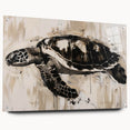 Marine life wall art featuring a detailed turtle design printed on acrylic glass, showcasing vibrant colors and intricate textures. Pins included for easy wall display.