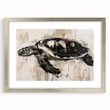 Close-up of a silver-framed wall art piece showcasing a vibrant marine life turtle design, elegantly matted for a sophisticated look, ideal for ocean-themed decor.