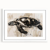 Front view of a framed wall art piece featuring a marine life turtle design, set in a white mat. Ideal for ocean-themed decor, enhancing any space with a coastal vibe.