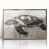 Framed wall art showcasing a marine turtle design with vibrant colors and gold accents, perfect for ocean-themed decor and nature lovers. Ideal for enhancing home aesthetics.