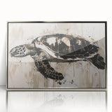 Framed acrylic wall art showcasing a vibrant marine life turtle design, featuring silver accents and a sleek modern aesthetic, perfect for ocean-themed decor.
