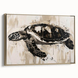 Framed wall art featuring a vibrant marine life turtle design on canvas, accented with gold tones, showcasing the beauty of oceanic wildlife for home decor.