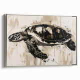 Framed wall art featuring a vibrant marine life design with a turtle in shades of blue and green, set against a sleek silver frame, ideal for ocean-themed decor.