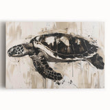Stretched canvas wall art showcasing a vibrant marine life design featuring a detailed turtle illustration against a serene ocean background, perfect for beach-themed decor.