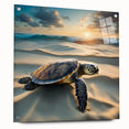 Marine life wall art collection showcasing a colorful turtle design printed on acrylic glass, displayed with pins against a neutral background, ideal for ocean-themed decor.