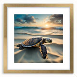 Gold-framed wall art featuring a vibrant marine life turtle design, complete with a mat, ideal for ocean-themed decor, showcasing rich colors and intricate details.