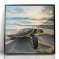 Framed wall art featuring a vibrant marine life design with a turtle motif, showcasing colorful ocean elements against a sleek black frame, perfect for coastal decor.