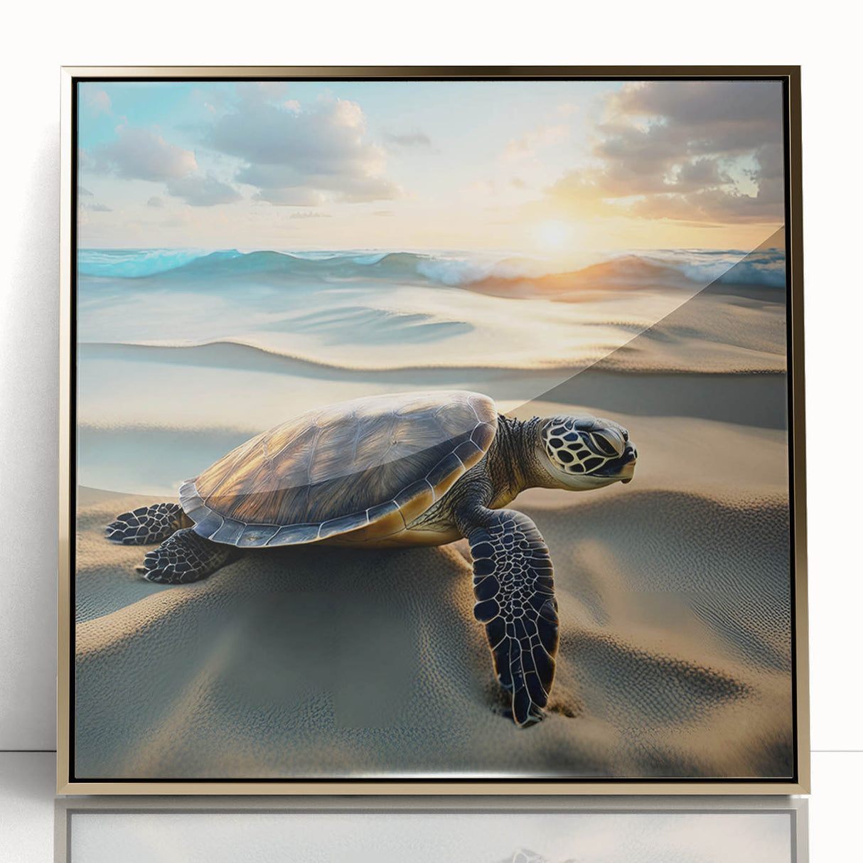 Framed wall art featuring a marine life turtle design with vibrant colors and gold accents, perfect for ocean-themed decor, showcasing intricate details and artistry.