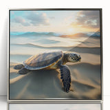 Framed acrylic wall art featuring a vibrant marine life turtle design, showcasing intricate details and a sleek silver frame, perfect for ocean-themed decor.