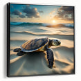 Framed canvas wall art showcasing a marine life design featuring a turtle, presented in a sleek black frame, ideal for ocean-themed decor in living spaces.